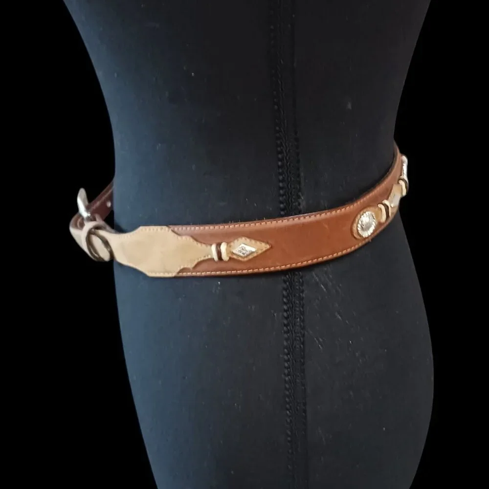 Justen Brown Leather and Tan Suede 26" Western Belt with Embellished Back - Picture 3 of 12